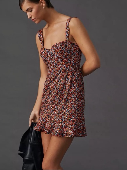 Anthropologie Hutch Red & Orange Ditsy Floral Corset Mini Dress Womens Size M